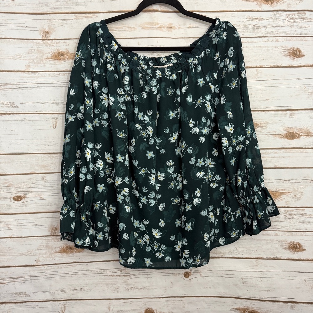 Loft Green Floral Ruched Off Shoulder Blouse